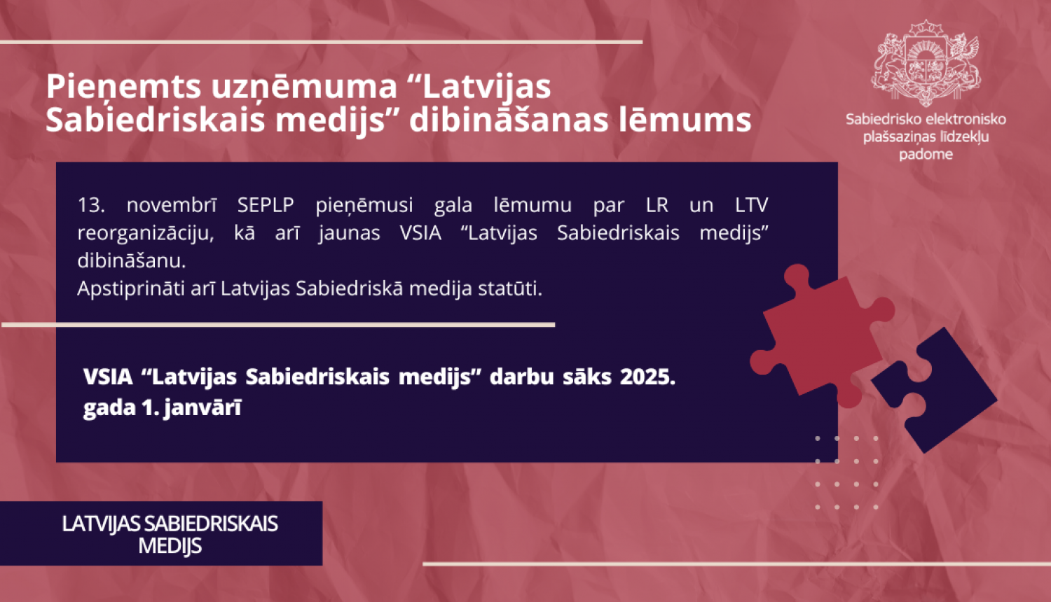 Pieņemts uzņēmuma “Latvijas Sabiedriskais medijs” dibināšanas lēmums